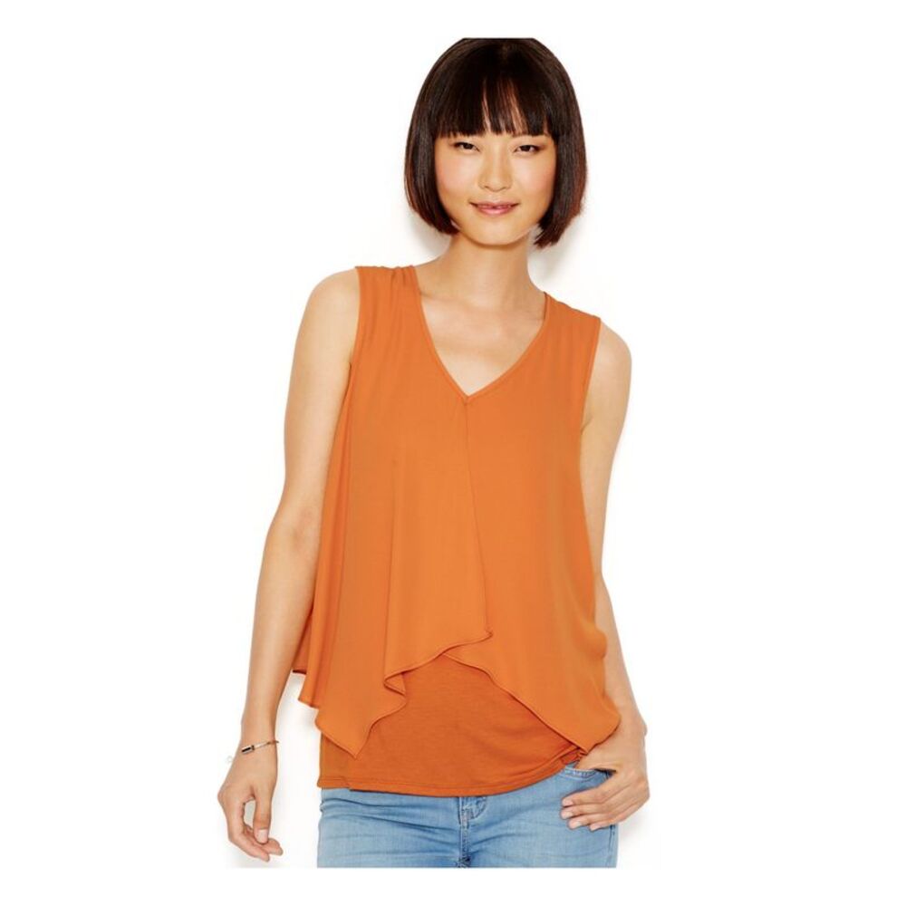 BAR III Womens Orange Sleeveless V Neck Tiered Top XS